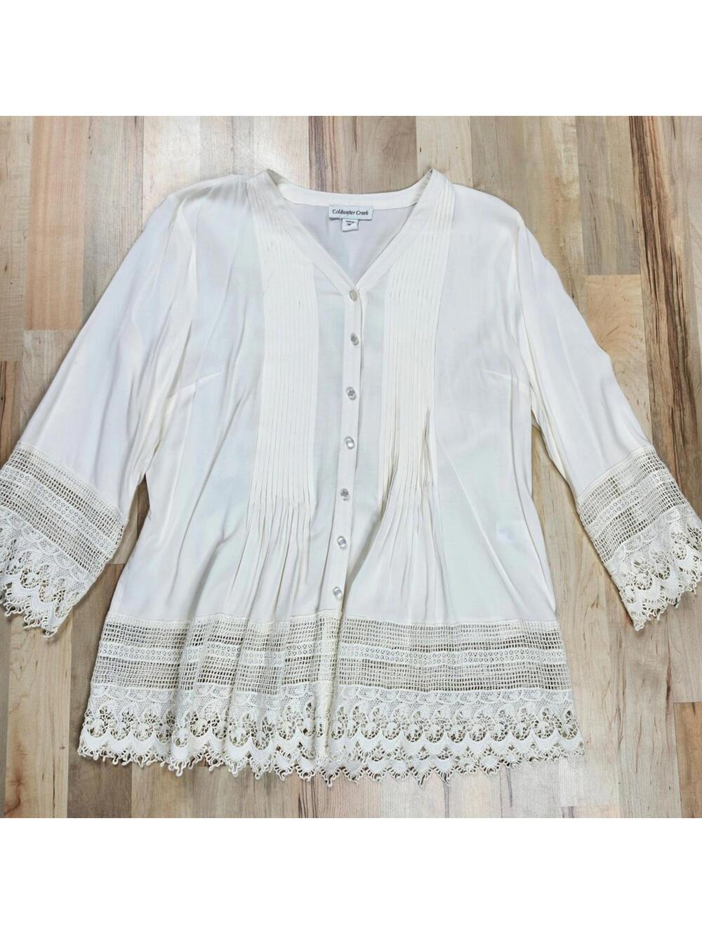 Coldwater Creek Ivory Pintuck Lace Hem Blouse Size S